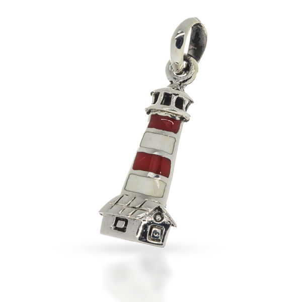 925 Sterling Silber Anhänger - Leuchtturm "Herkulesturm" weiß - rot