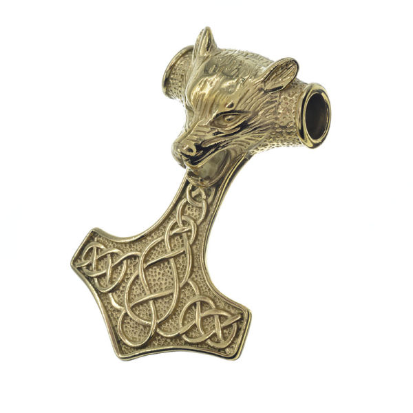 Stainless Steel Pendant - Thors Hammer and Wolf Head 88 mm-PVD-Gold