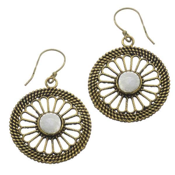 Bronze Earrings - Indian Chakras with Stone Decoration - Moonstone Imitation