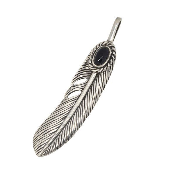 925 Sterling Silver Pendant - Dream Feather with Stone Embellishment 49 mm-Onyx