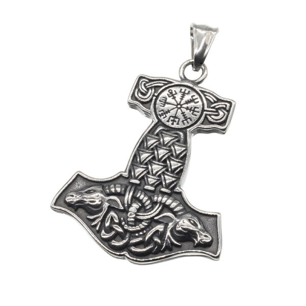 Edelstahlanhänger – Thors Hammer mit Strahlenzeichen und Tierrelief