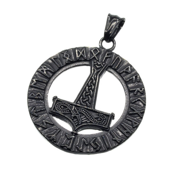 Stainless steel pendant - "Runic circle with Thors hammer" black