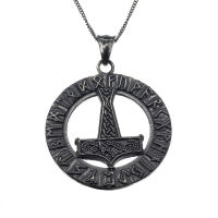 Stainless steel pendant - "Runic circle with Thors hammer" black