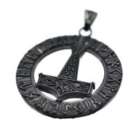 Stainless steel pendant - "Runic circle with Thors hammer" black