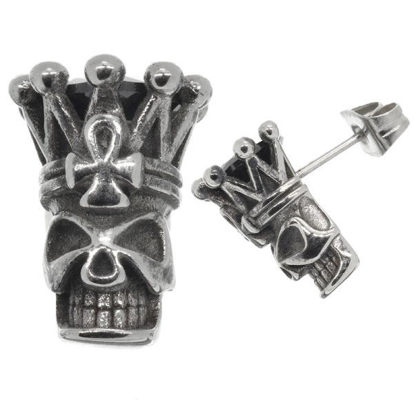 Edelstahlohrstecker Totenkopf mit Krone + Crystall Schwarz