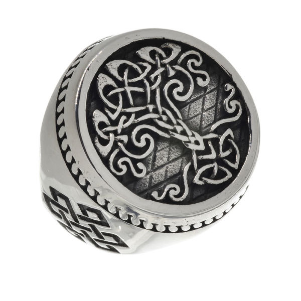 Stainless steel ring - signet ring - tree of life with infinite knot and closed ring band