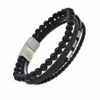 Genuine Leather Bracelet - with Beads and Stainless Steel...