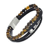 Genuine Leather Bracelet - with Beads and Stainless Steel Embellishment Brown