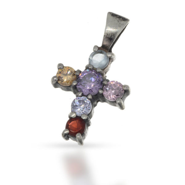 925 Sterling Silberanhänger - Kreuz mit bunten Steinen "Jens"