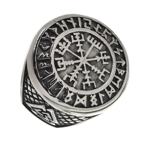 Stainless Steel Ring - Signet Ring - Vegvisir in a Runic Circle and Valknut on the side