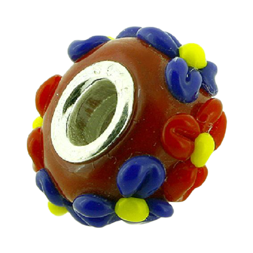 K Bead versilbert - rot mit blauen und roten abstehenden Blumen
