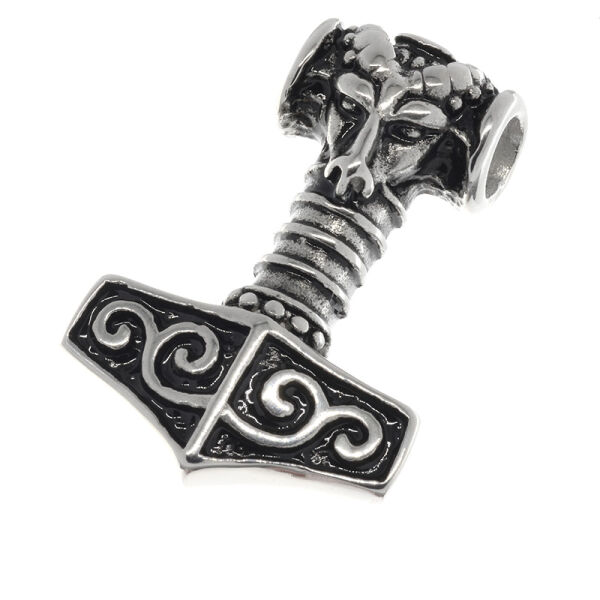Edelstahlanhänger – Thors Hammer mit Stierkopf und Spiralbalken