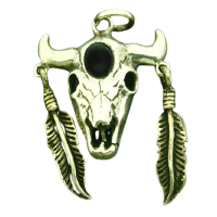 925 Sterling Silberanhänger - Büffelschädel mit Federn und Onyx