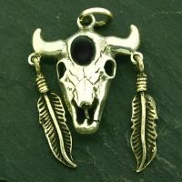 925 Sterling Silberanhänger - Büffelschädel mit Federn und Onyx