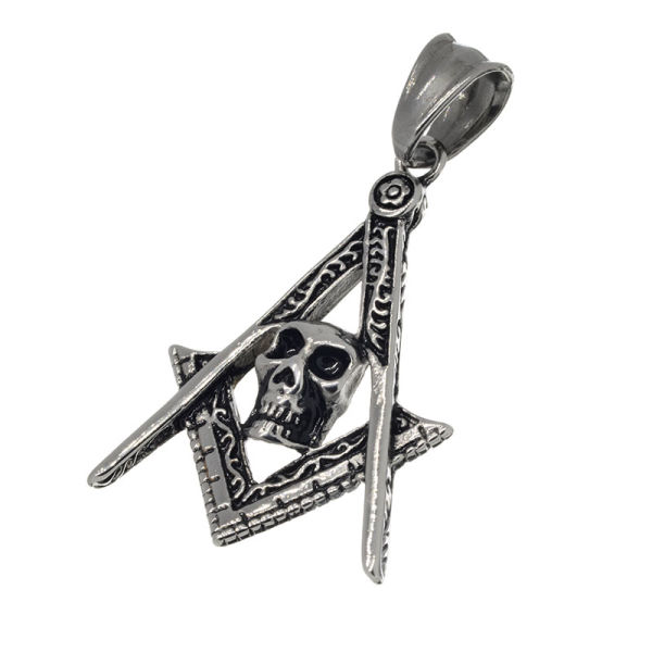 Edelstahlanhänger Freimaurer Zirkel mit Totenkopf Groß