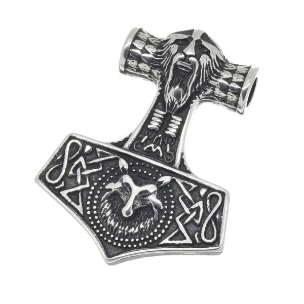 Stainless Steel Pendant – Schönhaar Thor’s Hammer with Bearded Face and Animal Skull