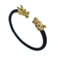 Stainless Steel Bangle - with Dragon Heads PVD-Black-PVD-Gold