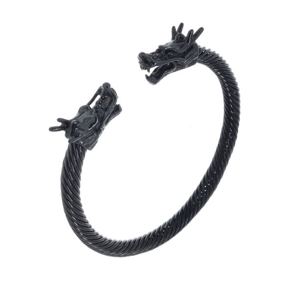 Stainless Steel Bangle - with Dragon Heads PVD-Black-PVD-Black