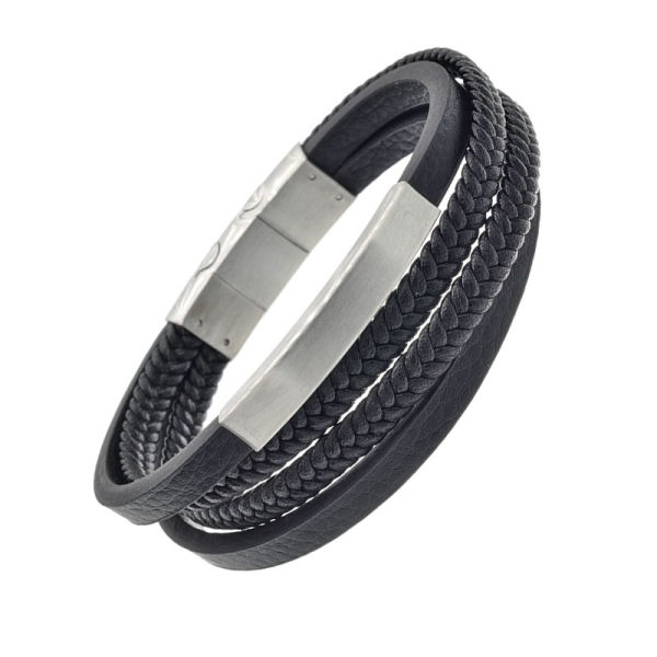 Echtlederarmband - Multibänder mit Gravurplatte Stahl-schwarz