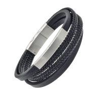 Echtlederarmband - Multibänder mit Gravurplatte Stahl-schwarz