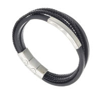 Echtlederarmband - Multibänder mit Gravurplatte Stahl-schwarz