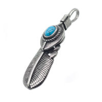 Stainless steel pendant - feather with embellishments and blue stone - Blue S