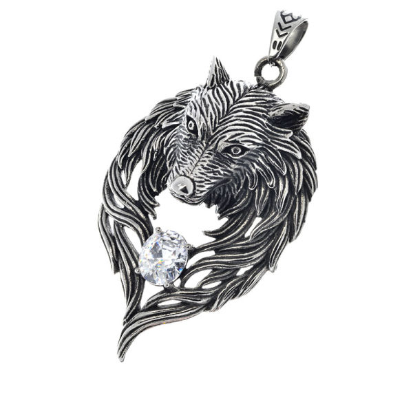 Stainless Steel Pendant - Wolf with Stone 74 mm-Dark Blue