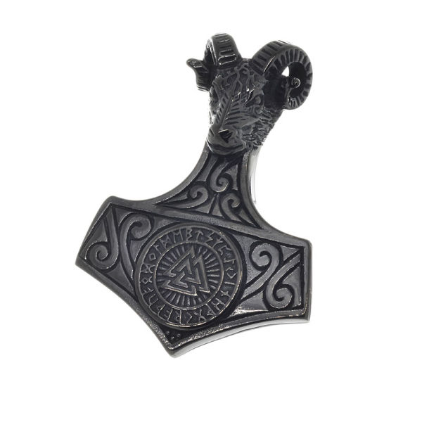 Edelstahlanhänger - Valknut-Hammer mit Widderkopf - PVD-Schwarz