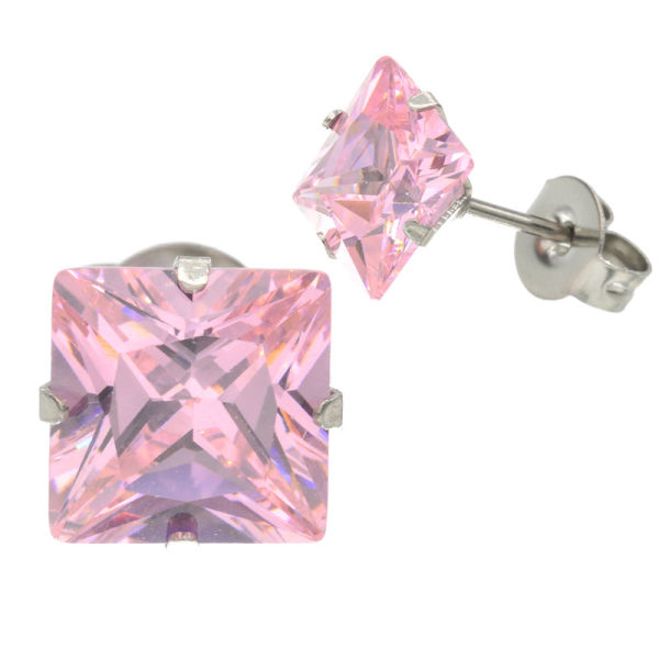 Stainless Steel Stud Earrings - Square with Cubic Zirconia Pink-8mm