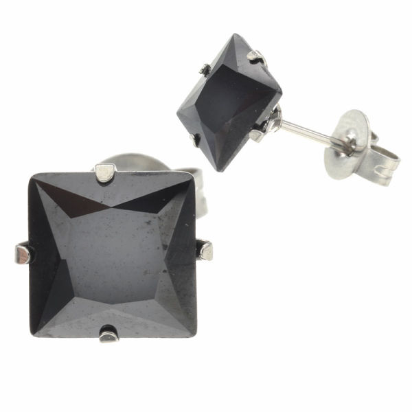 Stainless Steel Stud Earrings - Square with Cubic Zirconia Black-4mm