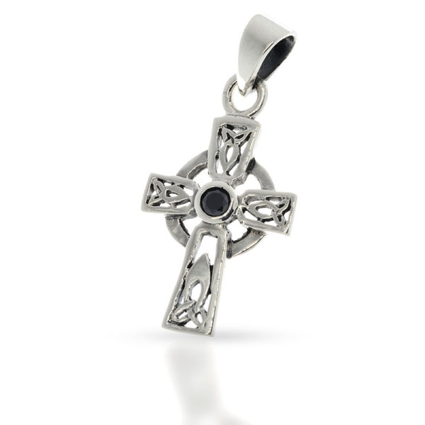 925 Sterling Silberanhänger - Keltenkreuz mit Stein - Schwarz