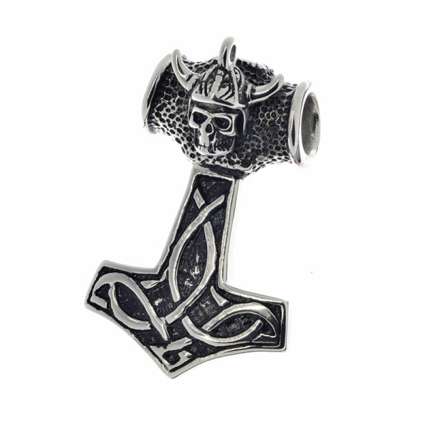 Stainless steel pendant - Thors hammer with skull - Steel - 58 mm