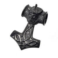 Stainless steel pendant - Thors hammer with skull - Steel - 58 mm