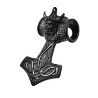 Stainless steel pendant - Thors hammer with skull - PVD-Black - 58 mm