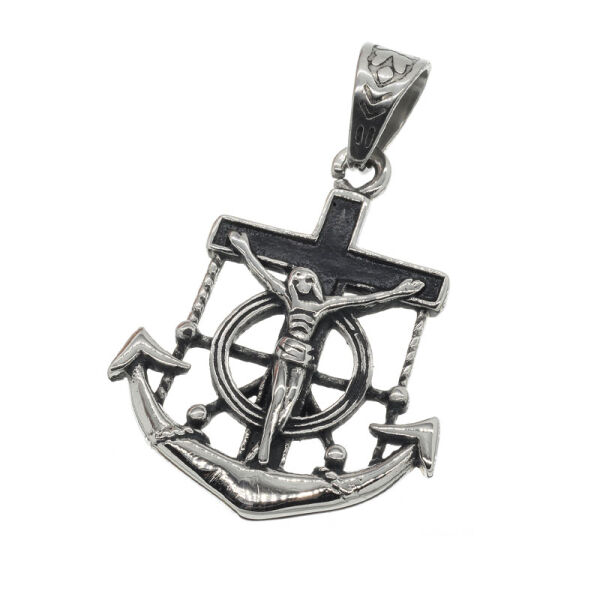 Edelstahlanhänger - Ankerkreuz mit Jesus - 64 mm