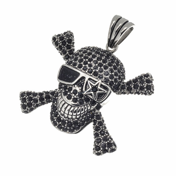 Stainless Steel Pendant - Skull with Crossed Bones and Sunglasses - Black