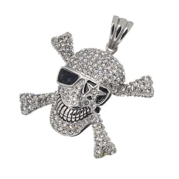 Stainless Steel Pendant - Skull with Crossed Bones and Sunglasses - White