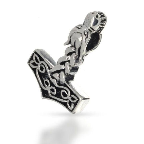 Thorshammer mit Wolfskopf und geflochtenem Schaft aus 925er Silber
