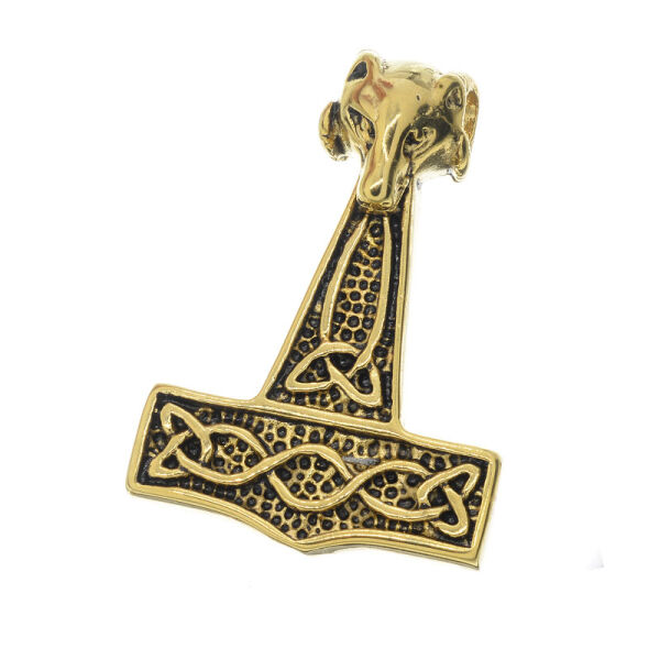 Thors Hammer mit Widderkopf PVD-Gold/Schwarz-45mm
