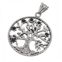 Stainless Steel Pendant Tree Of Life with Stones Steel-39mm-Black