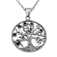 Stainless Steel Pendant Tree Of Life with Stones Steel-39mm-Black