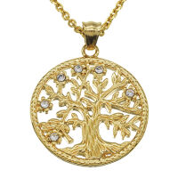 Stainless Steel Pendant Tree Of Life with Stones PVD-Gold-42mm-White