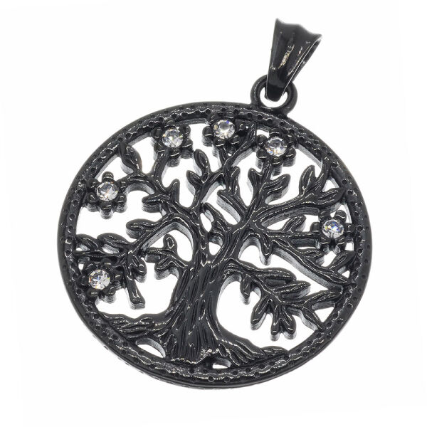 Stainless Steel Pendant Tree Of Life with Stones PVD-Black-42mm-White
