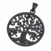 Stainless Steel Pendant Tree Of Life with Stones PVD-Black-42mm-White
