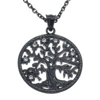 Stainless Steel Pendant Tree Of Life with Stones PVD-Black-42mm-White