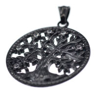 Stainless Steel Pendant Tree Of Life with Stones PVD-Black-42mm-White