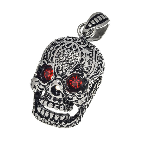 Stainless Steel Pendant - Skull with red stone eyes