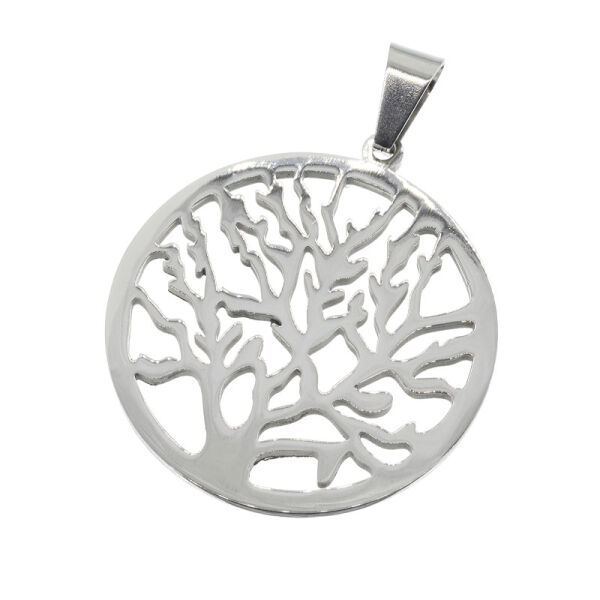 Stainless Steel Pendant - Tree of Life Steel-36mm, fixed eyelet