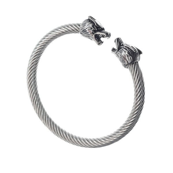 Stainless Steel Bangle with Wolfs Head Steel