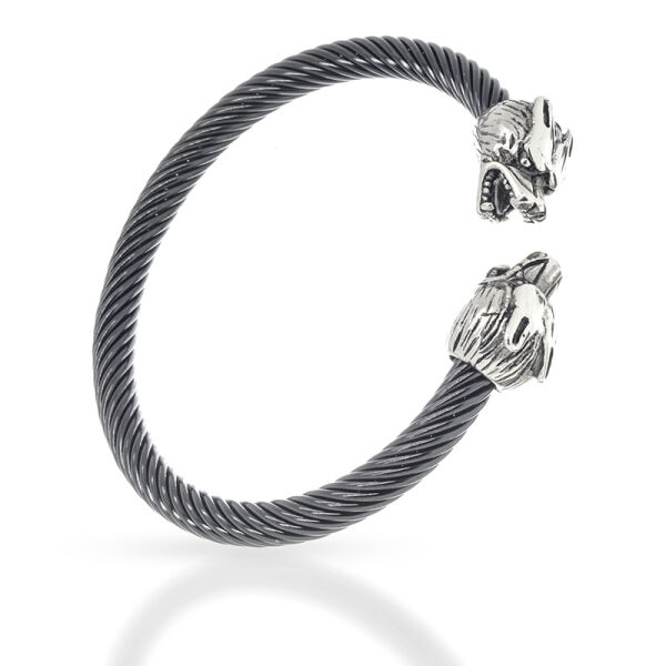 Stainless Steel Bangle with Wolfs Head PVD Black